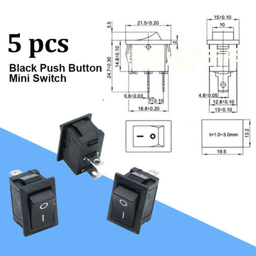 Picture of 5pcs Black Push Button Mini Switch 6A-10A 110V 250V KCD1-101 2Pin Snap-in On/Off Rocker Switch