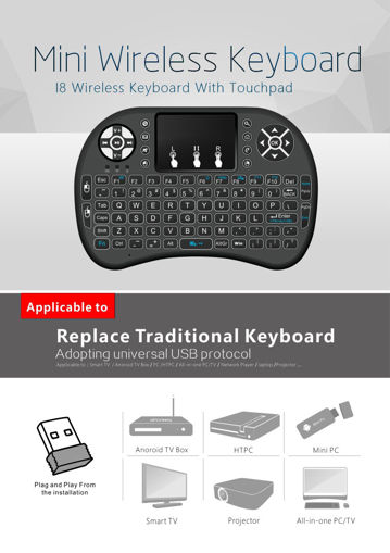 Picture of MINI I8 Wireless Backlit 2.4GHz Touchpad Keyboard Air Mouse For TV Box MINI PC