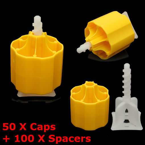 Immagine di Floor Tile Leveling System 50 Caps and 100 Tile Spacers Plastic Flooring Tool Kits