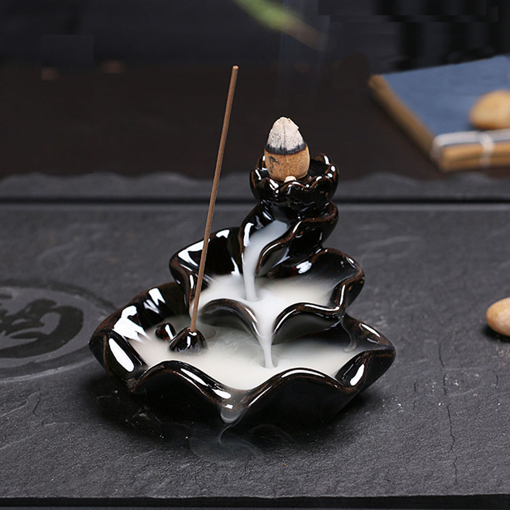 Picture of Black Porcelain Lotus Backflow Ceramic Incense Burner Censer Cone Stick Holder Fragrant Decor