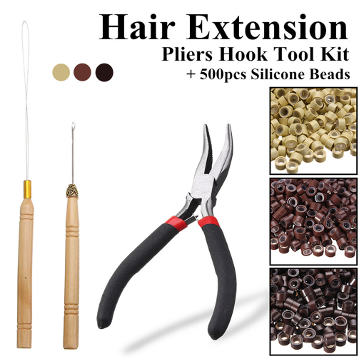 Immagine di Hair Extension Pliers Hook Tool For Micro Rings Loop With 500Pcs Silicone Beads
