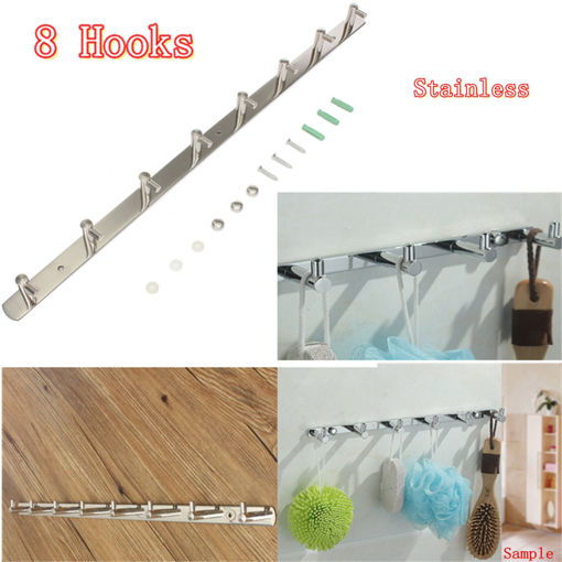 Immagine di 8 Hook Silver Coat Clothes Hat Robe Towel Stainless Door Wall Holder Rack Hanger