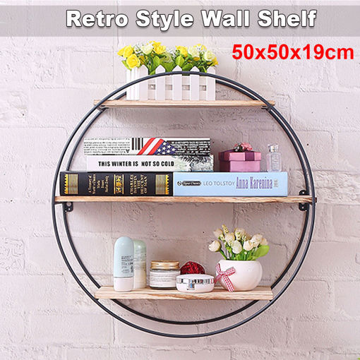 Immagine di Retro Round Wood Iron Craft Wall Shelf Rack Storage Industrial Style Home Decorations
