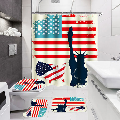 Picture of American Flag Bathroom Shower Curtain Non-Slip Rug Toilet Lid Cover Bath Mat with 12 Ring